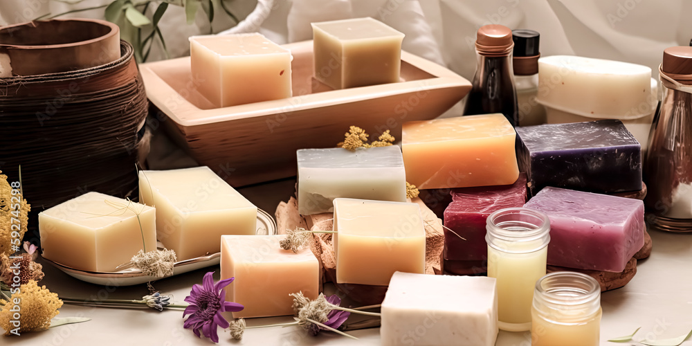Poster a png file featuring a bar of soap was handmade organically and artfully. - generative ai