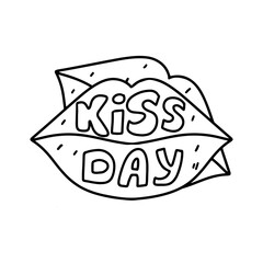 Lips for kiss day in hand drawn doodle style. Vector illustration isolated on white. Coloring page.