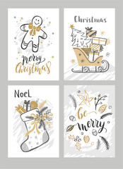 Christmas cards set. Handwritten lettering. Hand drawn cute winter pictures: Santa Claus, Snowman, Deer,  Christmas tree, toys, bells, snowflakes isolated on a white background. Vector illustration.
