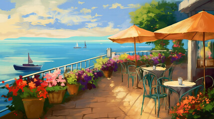 Seaside cafe or restaurant with view over the sea, tables, chairs, nobody, AI generative illustration