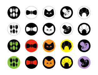 Set Of Stickers Icons Vector Design. Acid Cool trendy stickers with faces, cat, mushroom, flower, tulip, bow, croissant. Funky, hipster stickers. Fashion badges, badge icons.