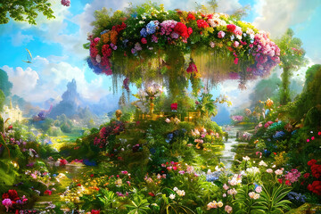 Fototapeta na wymiar Paradise garden full of flowers, beautiful idyllic background with many flowers in eden, 3d illustration. Generative Ai.