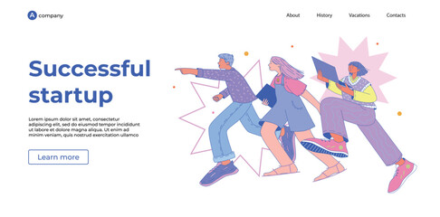 Characters with laptops run towards the goal. The leader points the way. The concept of working in a successful startup. Design of web page and landing. Attracting employees, students. Modern vector f