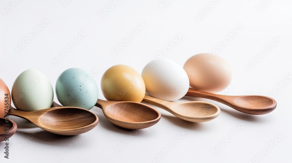 Poster a row of wooden spoons with different colored eggs in them on a white surface with a white backgroun
