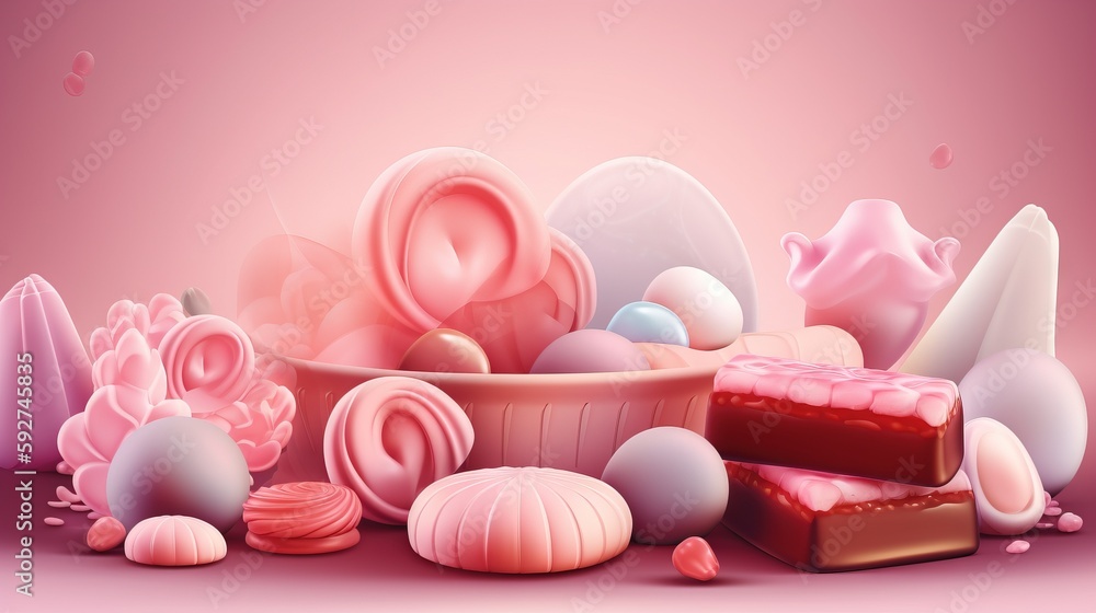 Poster a pink background with a bowl of soaps and other soaps on the floor and on the floor, with a pink ba