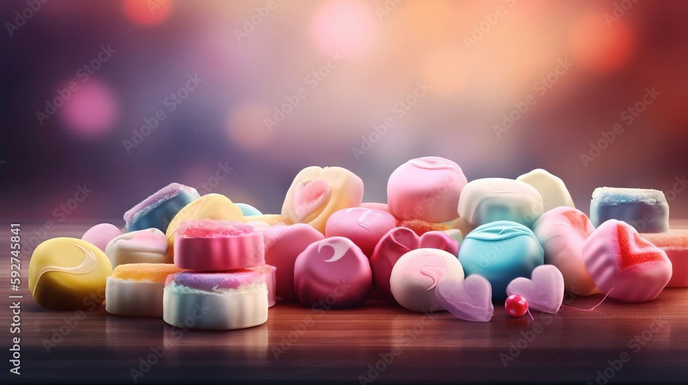 Poster a pile of different colored candy on a wooden table with a blurry background of the candy in the bac