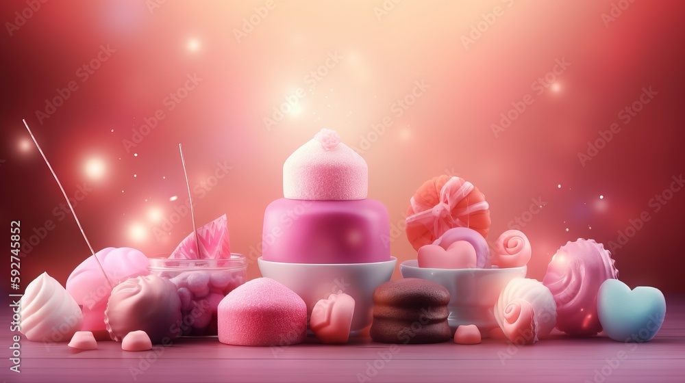 Poster a pile of different types of soaps and candies on a pink background with a pink light behind it and 