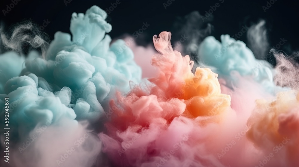 Poster a group of colored smokes floating on a black background with a black background and a red and blue 
