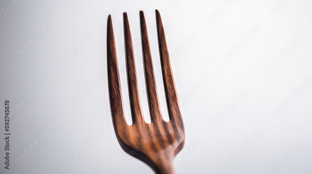 Poster a close up of a wooden fork on a white background with a blurry background of the fork and the rest 
