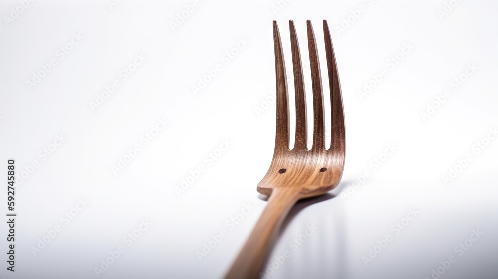 Poster a fork with a wooden handle on a white surface with a reflection of the fork on the table top of the
