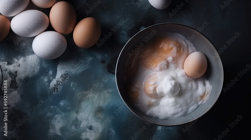 Poster a bowl of yogurt next to eggs on a dark surface with a spoon and a bowl of yogurt on the side. gener