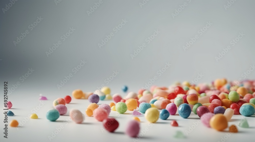 Poster a bunch of small candies on a white surface with a gray background and a gray wall in the background