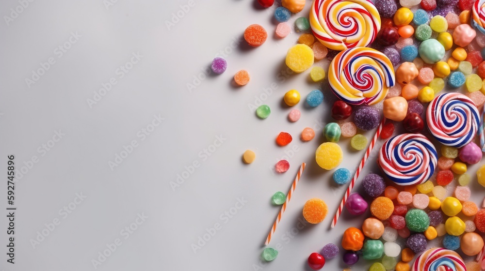 Aufkleber a pile of colorful candies and lollipops on a white surface with a white background with a place for