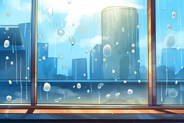 Raindrops descending vertically from a glass window. Generative AI - obrazy, fototapety, plakaty