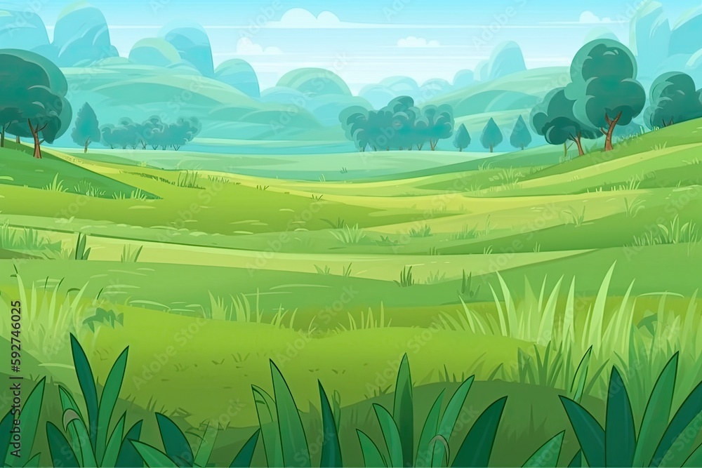 Poster grassy field and greenery in a public park serve as the scenes unaltered backdrop. generative ai