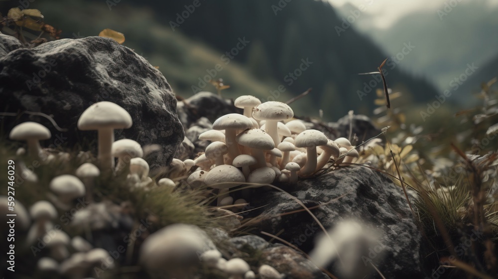 Aufkleber a group of mushrooms growing on a rock in a field with mountains in the background and grass growing