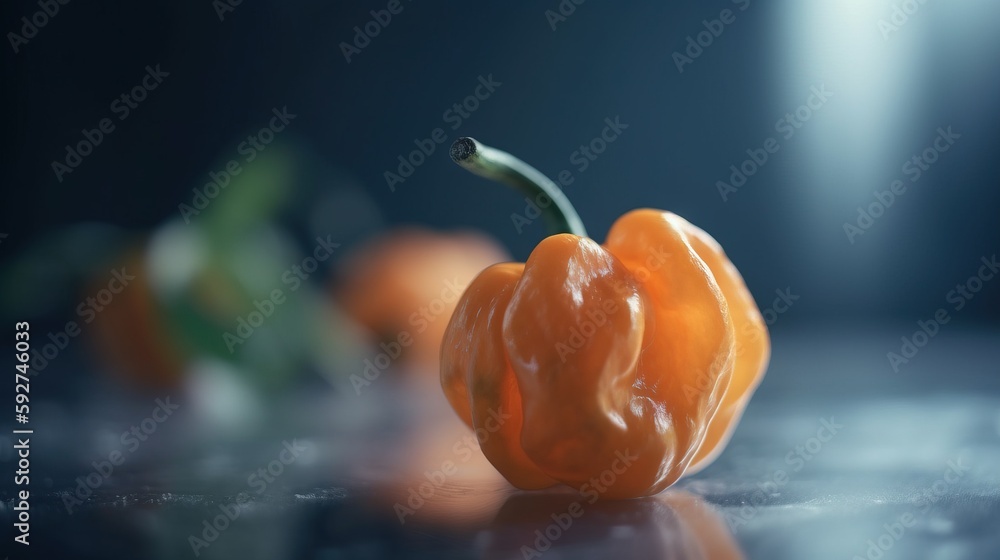 Poster a close up of a pepper on a table with other pepper in the background and a blurry background of the