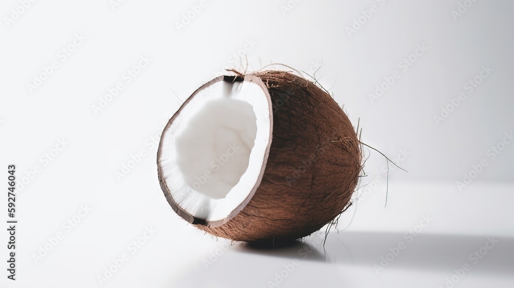 Poster a half of a coconut on a white surface with a shadow on the ground and a white background behind it,