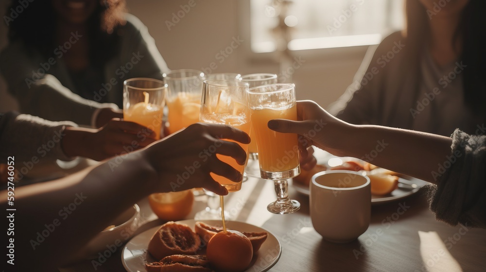 Aufkleber a group of people sitting around a table with drinks and food on it and a plate of oranges and orang