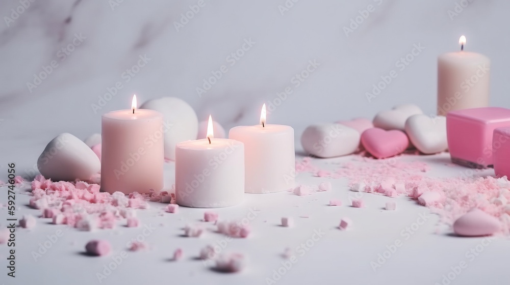 Poster a table topped with lots of candles and marshmallows next to a pink box with hearts on it and a pink