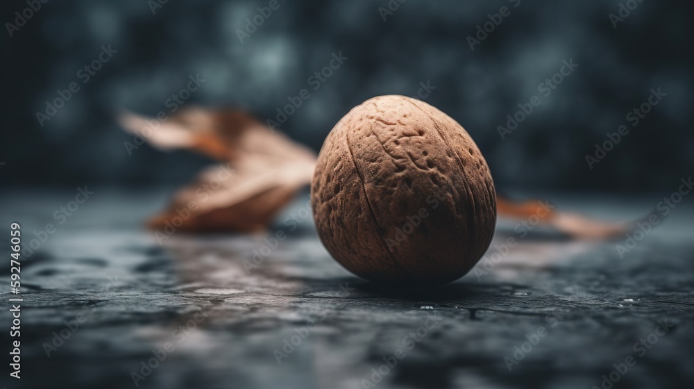 Poster a walnut on the ground with a leaf on the ground in the foreground, and a dark background with only 