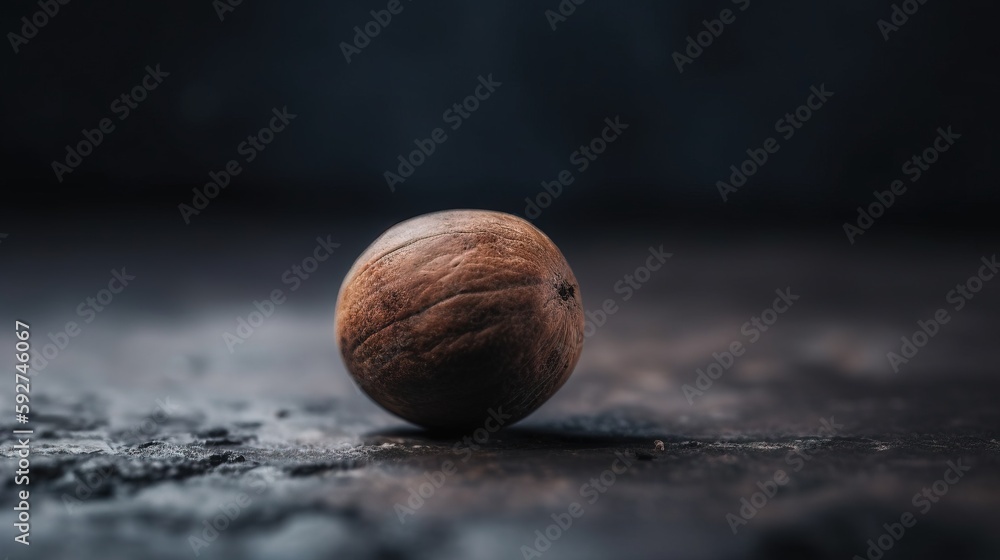 Poster a nut on the ground with a dark background and a blurry image of a nut on the ground with a dark bac