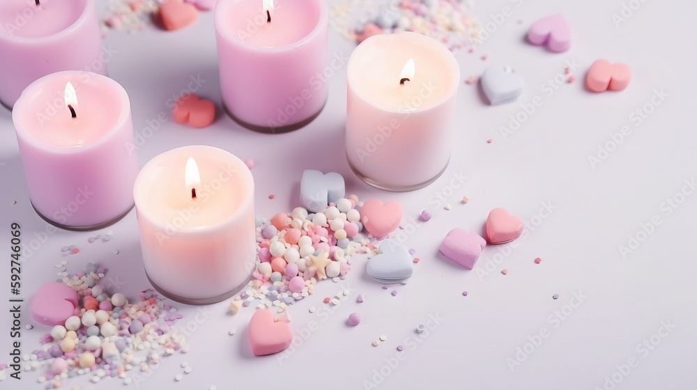 Poster  a group of candles with hearts scattered around them on a white surface with confetti scattered around them and scattered hearts scattered around them.  generative ai