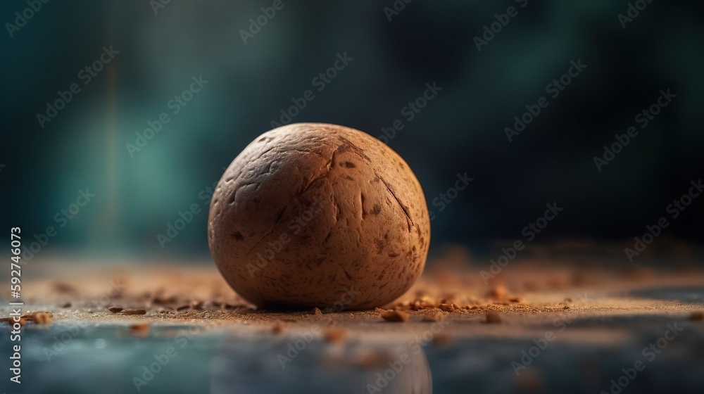 Aufkleber a brown object sitting on top of a wooden table next to a blue wall and a black wall in the backgrou