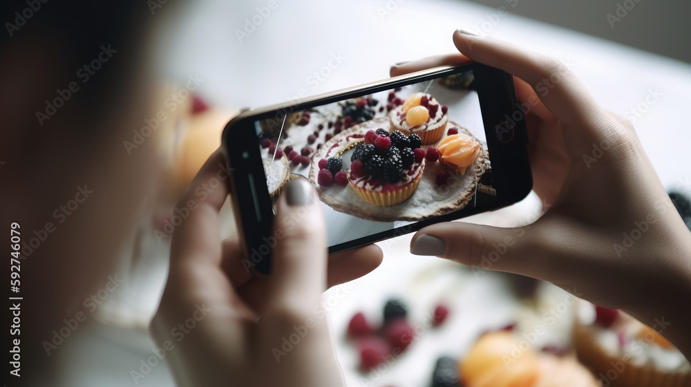 Poster a person taking a picture of a cupcake with berries on it on a cell phone with other cupcakes on the