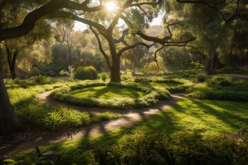 Fototapeta premium golden hour in the park. sunset in the forest. path between trees, green lawn. ai generative