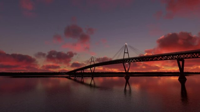 Frontal Aerial Sunrise View of Deh Cho Bridge Northwest Territories. Canada