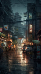 Fototapeta na wymiar Rainy Japanese street at dusk, lit by neon signs of shops and restaurants. Passersby with umbrellas navigate through puddles, AI generative imaginary Japan