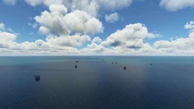 Frontal Aerial View of Oil Rigs in the Gulf of Mexico. United States of America