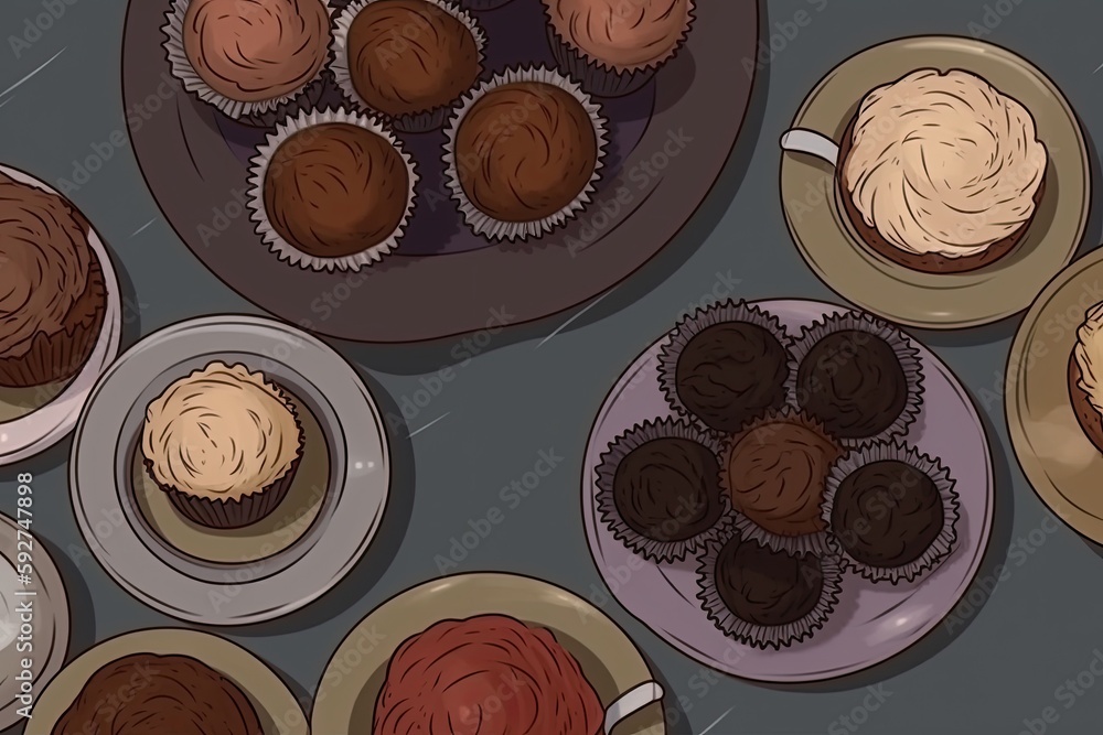 Poster Chocolate chip muffins are shown on a plate with a light gray backdrop. from above. Generative AI