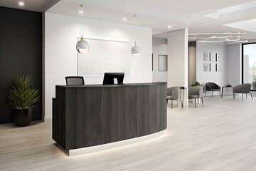 professional reception area with a sleek desk, modern seating, and a welcoming ambiance, creating a positive first impression for visitors and clients - Generative AI