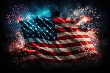 Fireworks on American Flag Background on USA Independence Day. AI