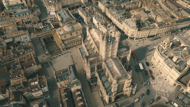 Aerial drone shot of gothic architecture of Bath Abbey in Somerset, UK