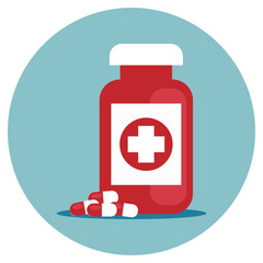 Pharmaceutical pill and medicine bottle. Pharmacy treatment, health pill, medication vitamin and tablet, vector illustration