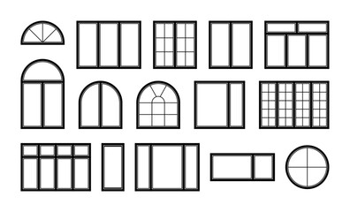 Windows in the vector are isolated on a white background. A set of window icons.A set with silhouettes of window frames for the house. Architectural elements. Round square windows. Window shutters