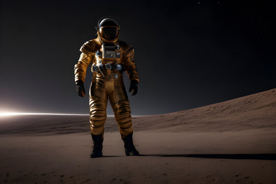 An astronaut in a spacesuit stands on the moon in space. cosmonautics day. Generative AI