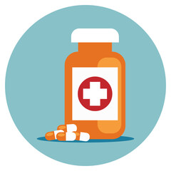 Pharmaceutical pill and medicine bottle. Pharmacy treatment, health pill, medication vitamin and tablet, vector illustration