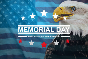 Monday May 29, 2023. Memorial Day is fast approaching on this poster beautifully depicted with the American flag in the background and a bald eagle, the symbol of the States. - obrazy, fototapety, plakaty