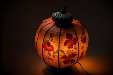 traditional Chinese lantern in the dark, high detailed hand crafted Asian lamp, epic cinematic shot, warm light illuminated inside, animal leaf motif paper art candle inside, generative ai