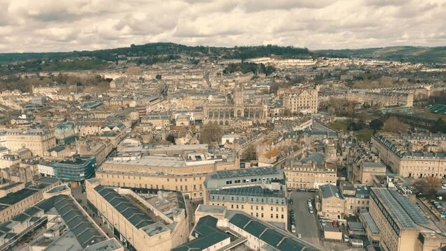 Aerial drone shot of gothic architecture of Bath Abbey in Somerset, UK