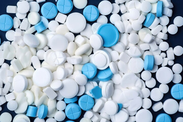 Various white pills macro on blue background, top view. Generative AI