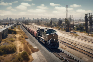 Obraz premium Train rushing through the big city. Generative AI