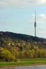 Obraz premium landschaft im frühling an der elbe bei dresden mit fernmeldeturm im hintergrund