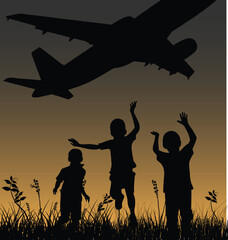 Fototapeta na wymiar Kids enjoy with Aeroplan flying in air, vector