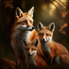 Three red foxes in a forest, Generative AI