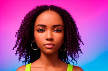 Portrait of a beautiful young african american woman on a colorful background. Generative AI.